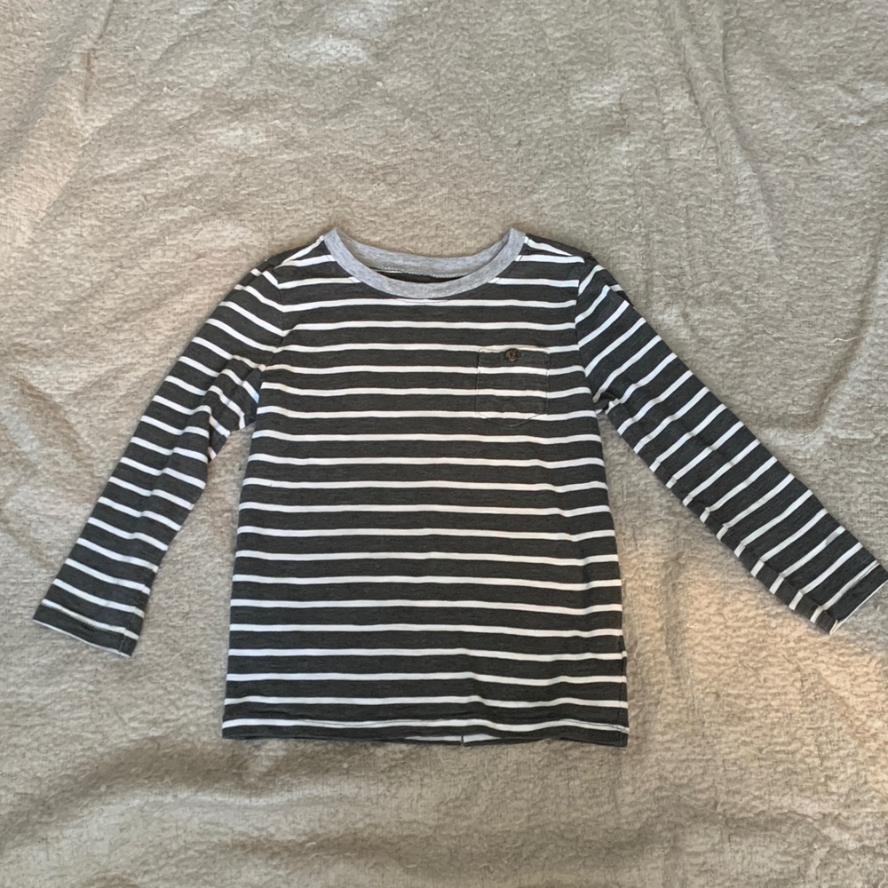 Striped Grey Long Sleeve Kids Shirt with Button Pocket